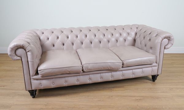 A MODERN BRASS STUDDED LILAC LEATHER UPHOLSTERED CHESTERFIELD