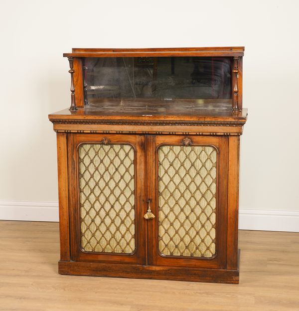 HOLLAND AND SONS; A WILLIAM IV ROSEWOOD SIDE CABINET WITH MIRRORED SHELF BACK AND GILT-METAL GRILL DOORS