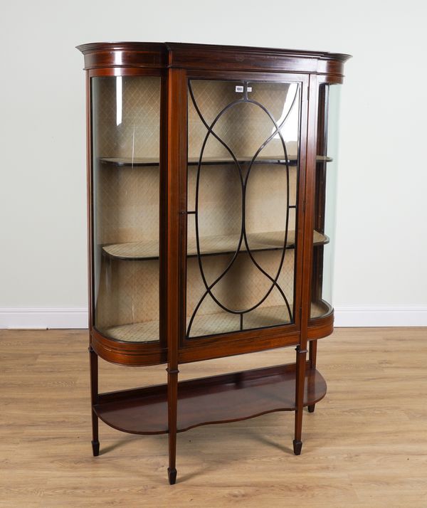 AN EDWARDIAN INLAID MAHOGANY BOWFRONT DISPLAY CABINET