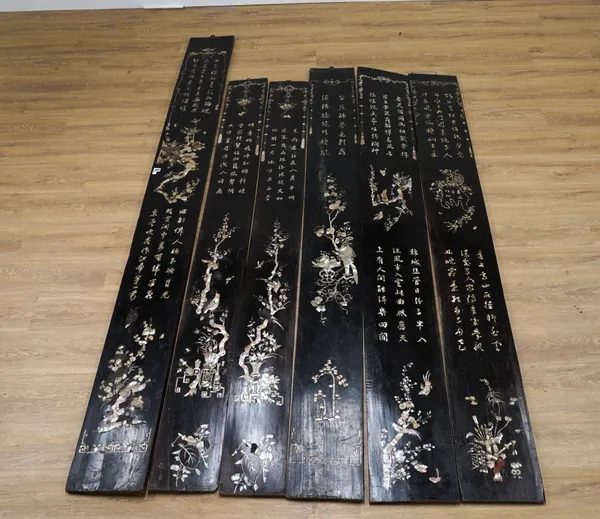 A SET OF SIX LATE 19TH CENTURY CHINESE MOTHER-OF-PEARL SCRIPT AND FAUNA INLAID HARDWOOD PANELS (6)