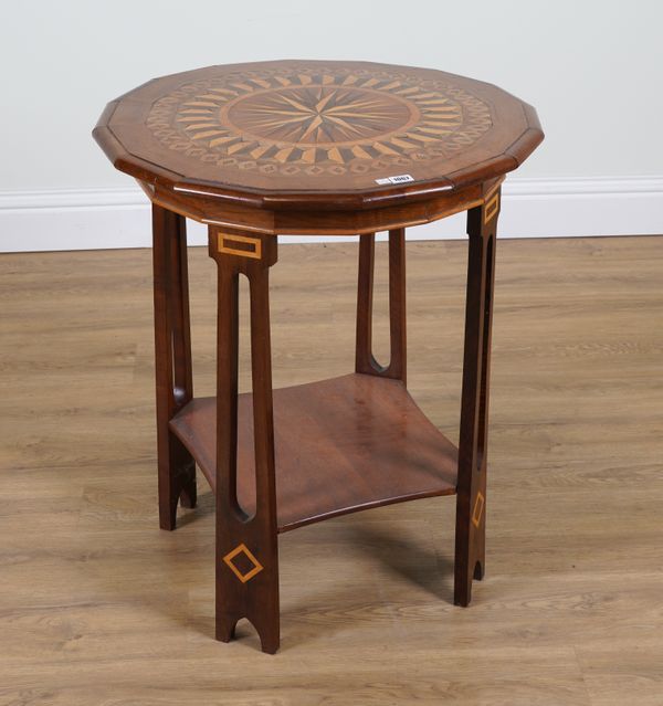 AN ART NOUVEAU PARQUETRY INLAID SIXTEEN-SIDED TWO-TIER OCCASIONAL TABLE