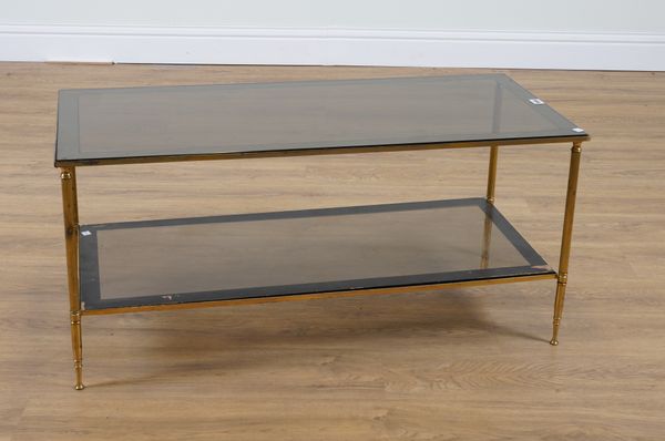 A 20TH CENTURY LACQUERED BRASS AND SMOKED GLASS TWO TIER RECTANGULAR OCCASIONAL TABLE