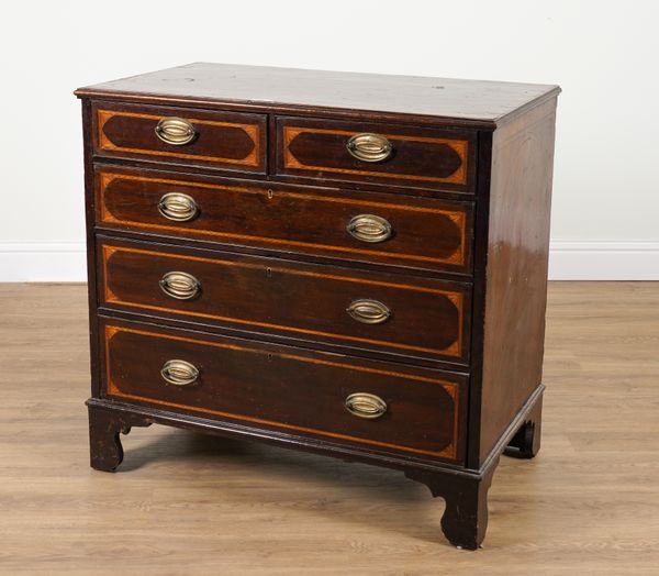 A GEORGE III AND LATER INLAID MAHOGANY FIVE DRAWER CHEST OF DRAWERS