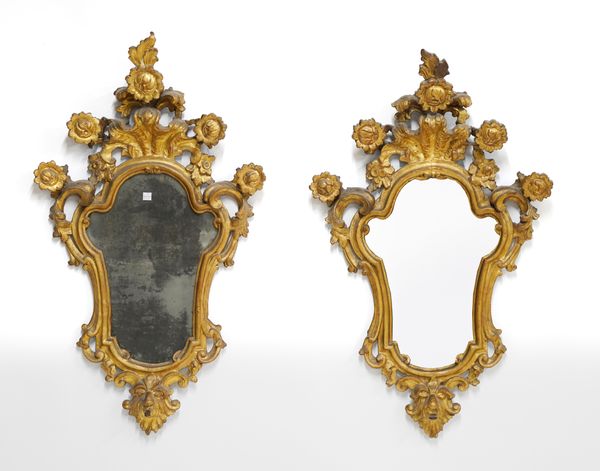 A PAIR OF LATE 18TH/EARLY 19TH CENTURY ITALIAN SHAPED GILT FRAMED WALL MIRRORS (2)