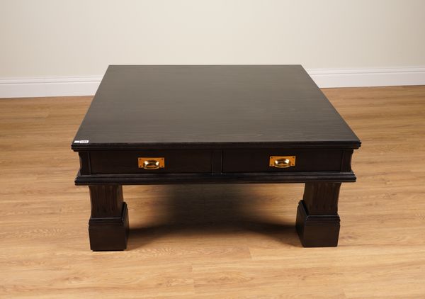 A BLACK STAINED HARDWOOD SQUARE TWO DRAWER COFFEE TABLE