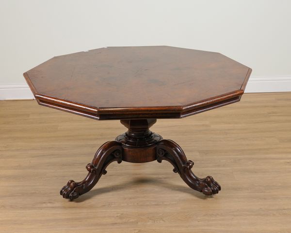 A 19TH CENTURY POLLARD OAK TEN-SIDED SNAP-TOP CENTRE TABLE