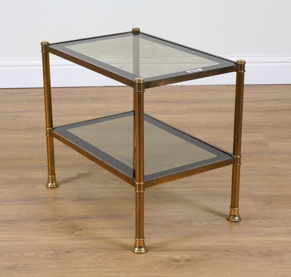 A 20TH CENTURY LACQUERED BRASS AND SMOKED GLASS TWO-TIER RECTANGULAR OCCASIONAL TABLE