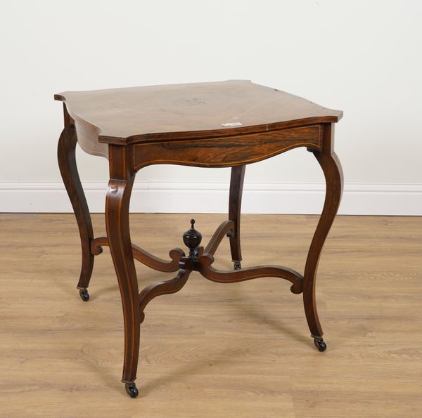 A LATE VICTORIAN MARQUETRY INLAID ROSEWOOD SHAPED SQUARE OCCASIONAL TABLE