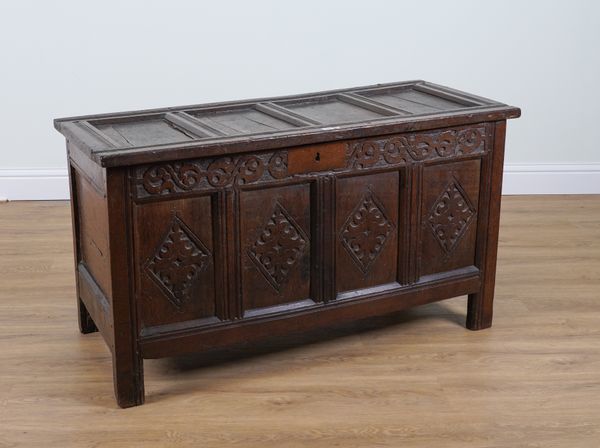 A 17TH CENTURY OAK FOUR PLANK COFFER