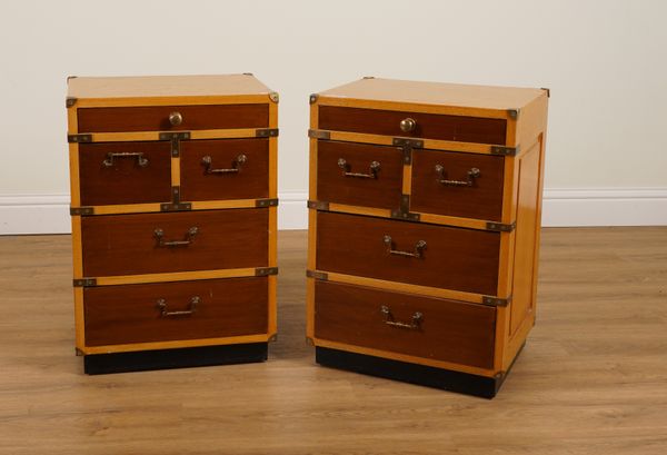 A PAIR OF BRASS BOUND CAMPAIGN STYLE FIVE DRAWER BEDSIDE TABLES (2)