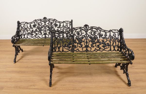 A PAIR OF BLACK PAINTED CAST ALUMINIUM GARDEN BENCHES (2)