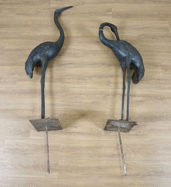 TWO JAPANESE MEJI STYLE BRONZED MODELS OF STANDING HERONS