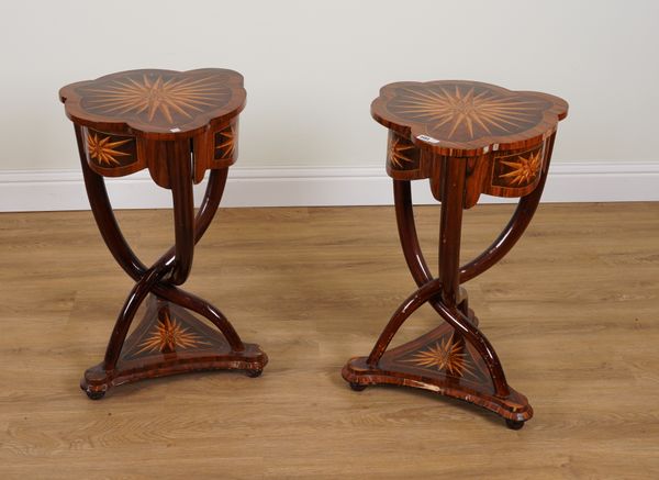 A PAIR OF MODERN INLAID HARDWOOD TREFOIL SHAPED SINGLE DRAWER SIDE TABLES (2)