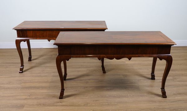 A PAIR OF GEORGE II STYLE WALNUT TWO DRAWER CONSOLE TABLES (2)