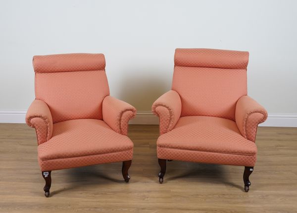 CORNELIUS V SMITH; A GRADUATED PAIR OF LATE 19TH CENTURY MAHOGANY FRAMED EASY ARMCHAIRS (2)