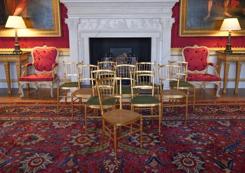 A SET OF TEN GILT FRAMED LATTICE BACK BALLROOM CHAIRS (10)