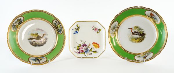 A PAIR OF SPODE APPLE GREEN GROUND ORNITHOLOGICAL PLATES