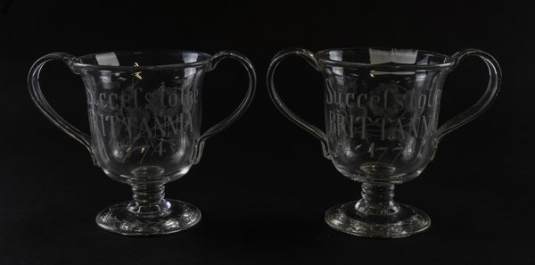 A PAIR OF ENGRAVED `JACOBITE' TYPE TWO-HANDLED GLASS LOVING CUPS (2)