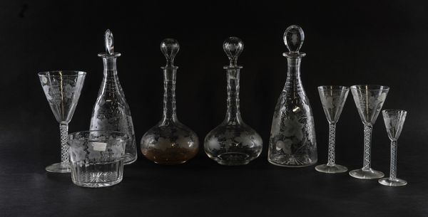 AN ASSEMBLED QUANTITY OF TABLE GLASS ENGRAVED WITH FRUITING VINE