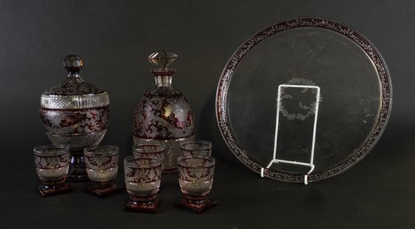 A  BOHEMIAN RUBY FLASHED GLASS LIQUER SET