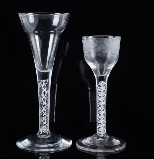 TWO ENGLISH OPAQUE TWIST STEM WINE GLASSES (2)