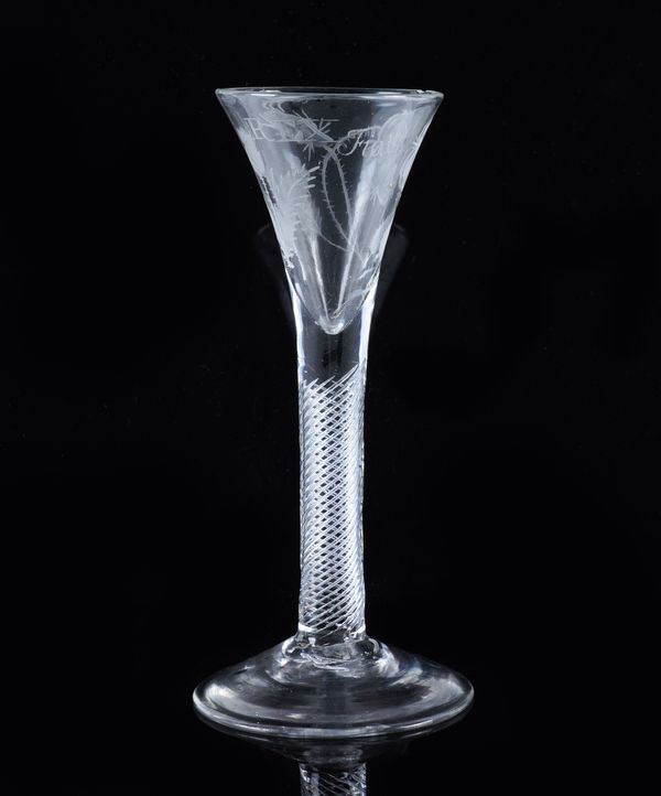 AN ENGRAVED  JACOBITE STYLE AIRTWIST WINE GLASS