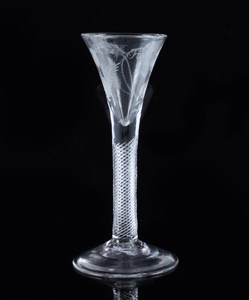 AN ENGRAVED  JACOBITE STYLE AIRTWIST WINE GLASS