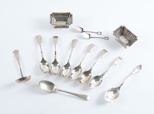 A PAIR OF SILVER SALTS AND A GROUP OF SILVER FLATWARE (13)