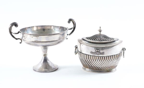 A SILVER TWIN HANDLED TEA CADDY AND A SILVER TWIN HANDLED BONBON DISH (2)