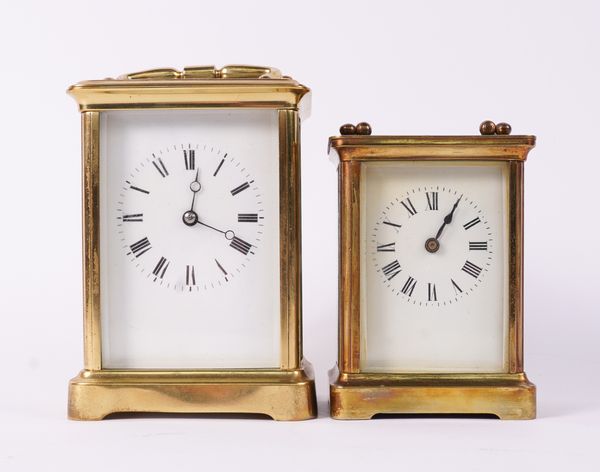 TWO FRENCH BRASS CORNICHE CASE CARRIAGE CLOCKS (2)