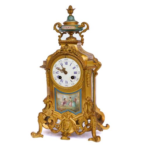 A FRENCH GILT-METAL MOUNTED PARIS PORCELAIN MANTEL CLOCK WITH JAPY FRERES MOVEMENT