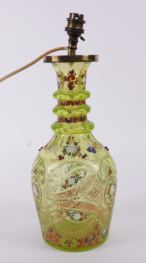 A BOHEMIAN LIME GREEN GLASS DECANTER ADAPTED TABLE LAMP