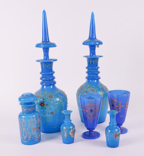 A PAIR OF BOHEMIAN OPAQUE BLUE GLASS DECANTERS WITH STOPPERS, A PAIR OF SMALL VASES AND A PAIR OF GOBLETS (7)