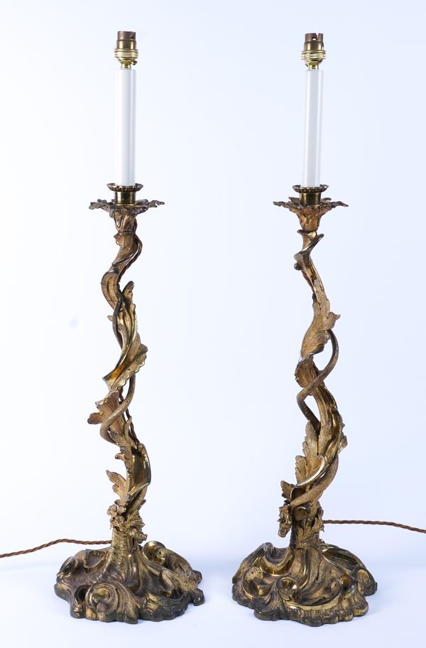 A PAIR OF WILLIAM IV ROCOCO REVIVAL ORMOLU CANDLESTICK TABLE LAMPS (2)