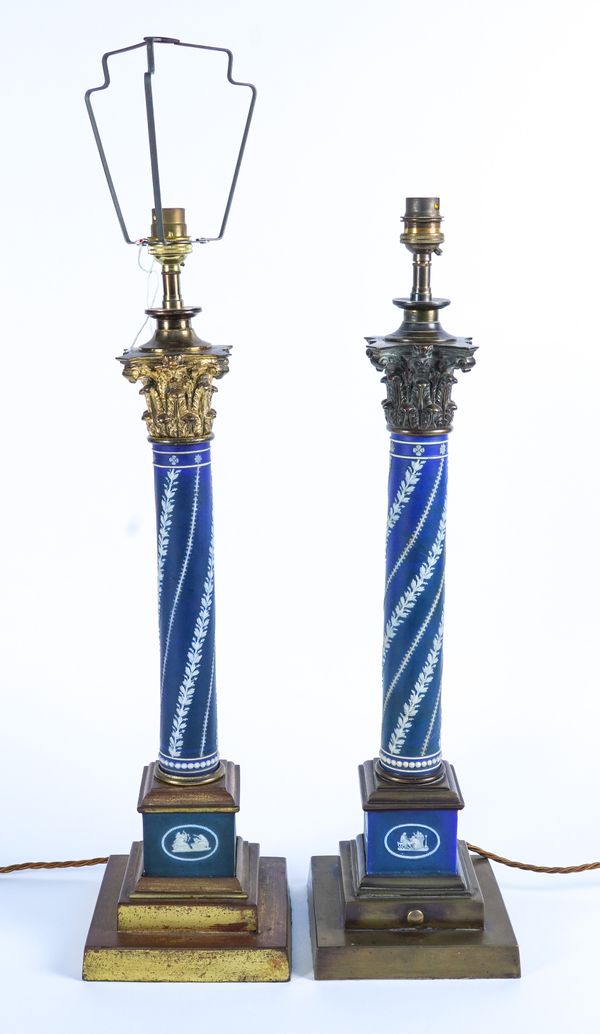 TWO SIMILAR GILT-METAL MOUNTED WEDGWOOD JASPER PORCELAIN CORINTHIAN COLUMN TABLE LAMPS (2)