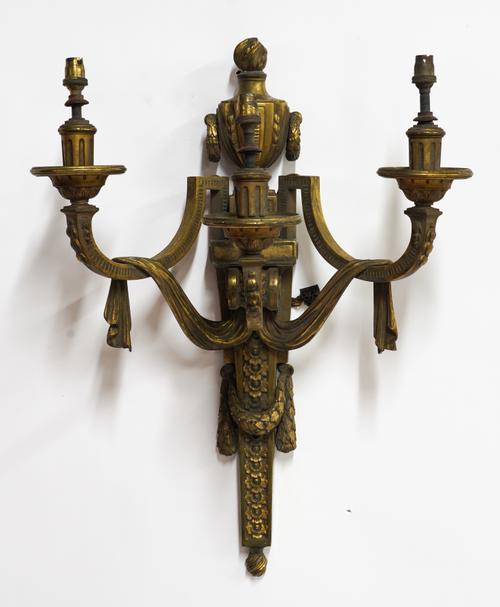 A LOUIS XVI STYLE GILT-BRONZE THREE LIGHT WALL APPLIQUE