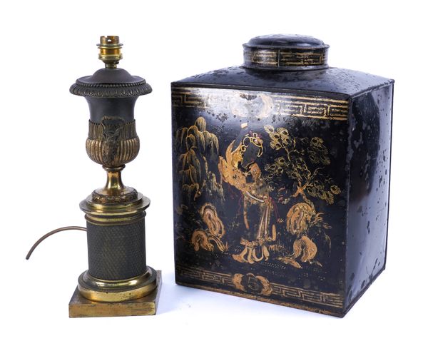 A LARGE TOLE-WARE CHINOISERIE DECORATED TEA CANISTER AND A LOUIS XVI STYLE GILT-METAL LAMP (2)