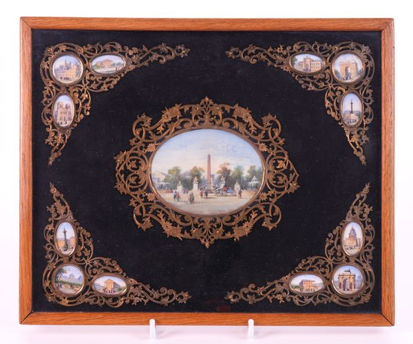 A FRAMED SET OF THIRTEEN MINIATURE ENAMELS OF PARISIAN SCENES