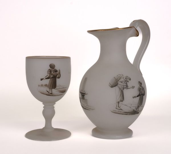 A RICHARDSON'S 'VITRIFIED' WHITE OPALINE GLASS WATER-JUG AND GOBLET (2)