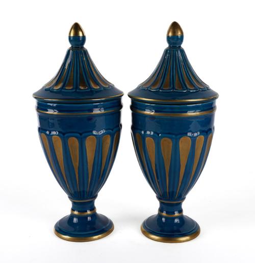 A PAIR OF ITALIAN POTTERY PARCEL-GILT AND TURQUOISE- GROUND  VASES AND COVERS  (4)