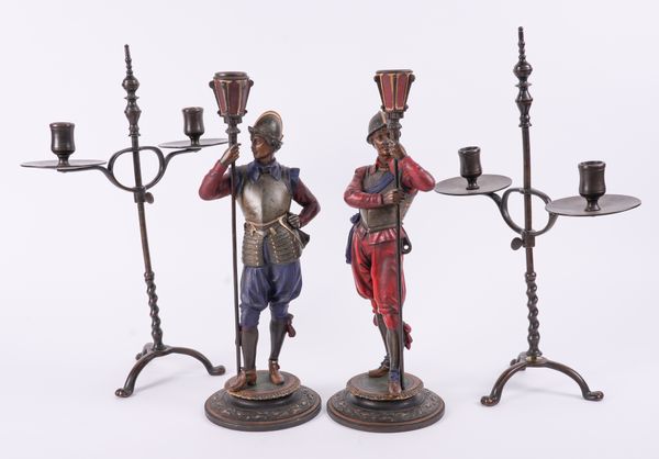 A PAIR OF FRENCH PAINTED SPELTER FIGURAL CANDLESTICKS (4)