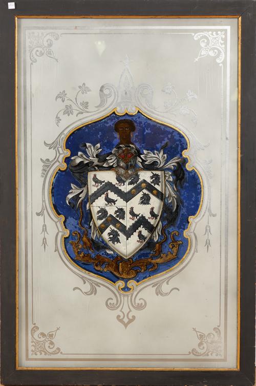 A VERRE EGLOMISE COAT-OF-ARMS OF PANEL DEPICTING THE ARMS OF SIR THOMAS MORE