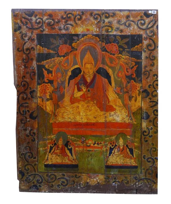 A TIBETAN PAINTED PANEL DEPICTING A SEATED LAMA AND ATTENDANTS