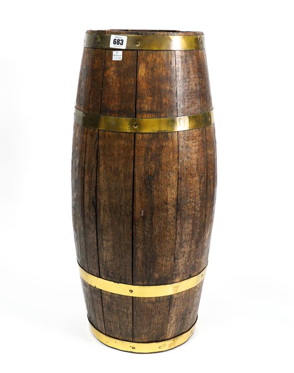 A BRASS BOUND OAK BARREL STICK STAND