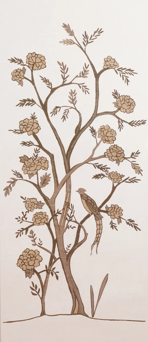 A PAIR OF SILK PRINTED PANELS DEPICTING EXOTIC BIRDS IN TREES (2)