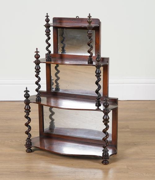 A SET OF VICTORIAN ROSEWOOD HANGING MIRROR BACK FOUR TIER WATERFALL SHELVES