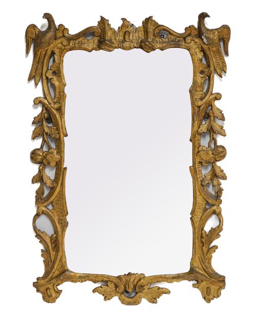 A GEORGE III GILT FRAMED HO-HO BIRD CARVED SHAPED RECTANGULAR MIRROR