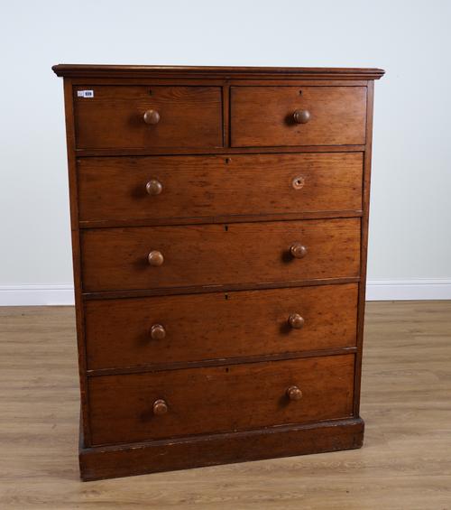 A 19TH CENTURY PITCH PINE SIX DRAWER CHEST OF DRAWERS