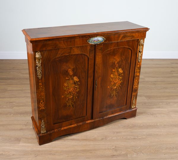 A 19TH CENTURY GILT-METAL AND CERAMIC MOUNTED FIGURED WALNUT TWO DOOR SIDE CABINET