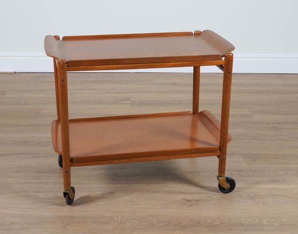 A MID-20TH CENTURY LAMINATED BEECH TWO TIER SERVING TROLLY